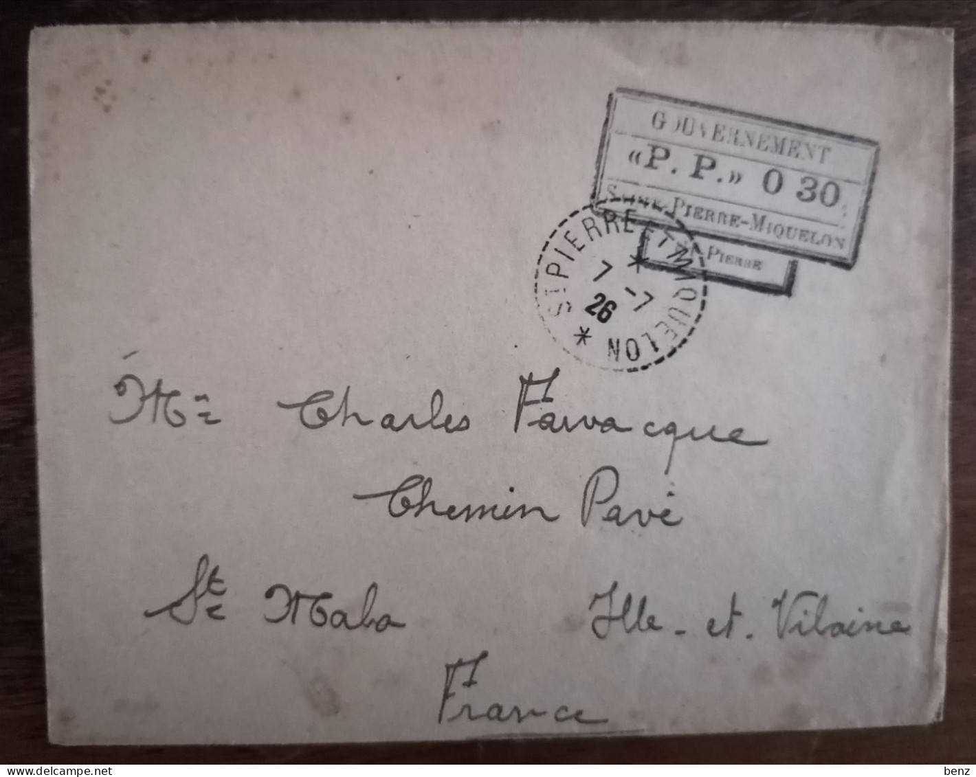 SPM Saint-Pierre Et Miquelon Lettre Pénurie Timbres P.P. 0.30 Pour Saint-Malo 1926 - Covers & Documents