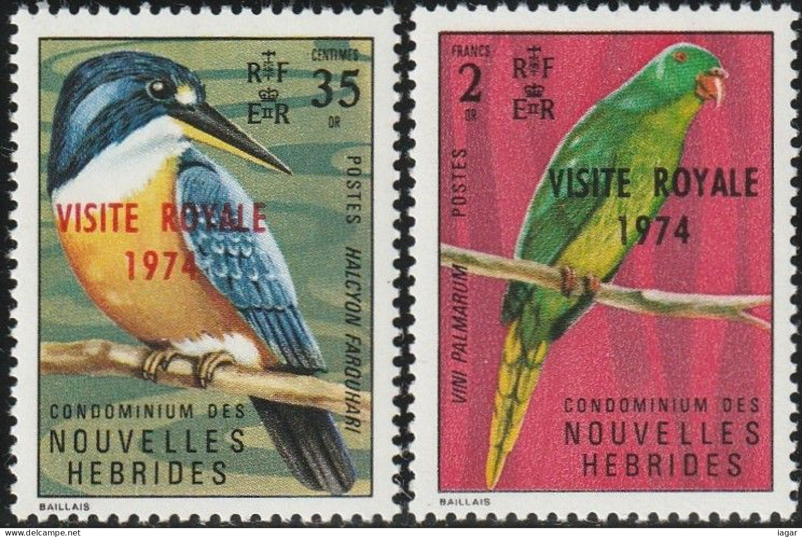 THEMATIC FAUNA:   PIGEON AND PARROT.  VISITE ROYALE 1974 OVERPRINTED  -  NOUVELLE  HEBRIDES - Papagayos