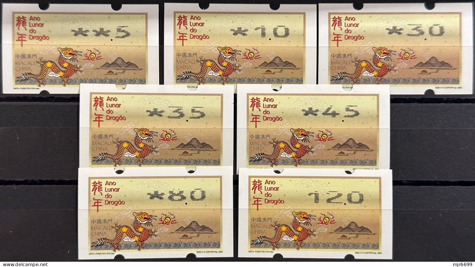 2024 LUNAR NEW YEAR OF THE DRAGON NAGLER MACHINE ATM LABELS COMPLETE SET OF 7 W\BROKENN PIN ON TOP - Distributori