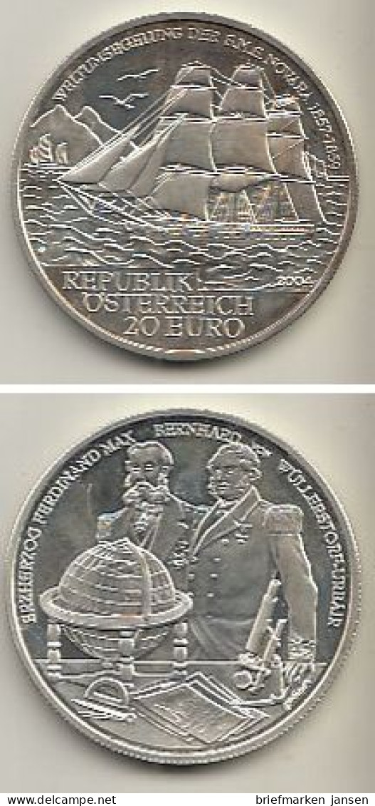 Österreich Nr. 309, S.M.S. "Novara" Bei Der Weltumsegelung, Silber  (20 Euro) - Autriche