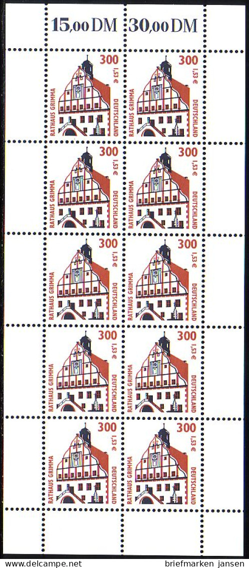 D,Bund Mi.Nr. Klbg. 2141A Sehenswürdigk., Rathaus Grimma, Gez. (m.10x2141A) - Other & Unclassified