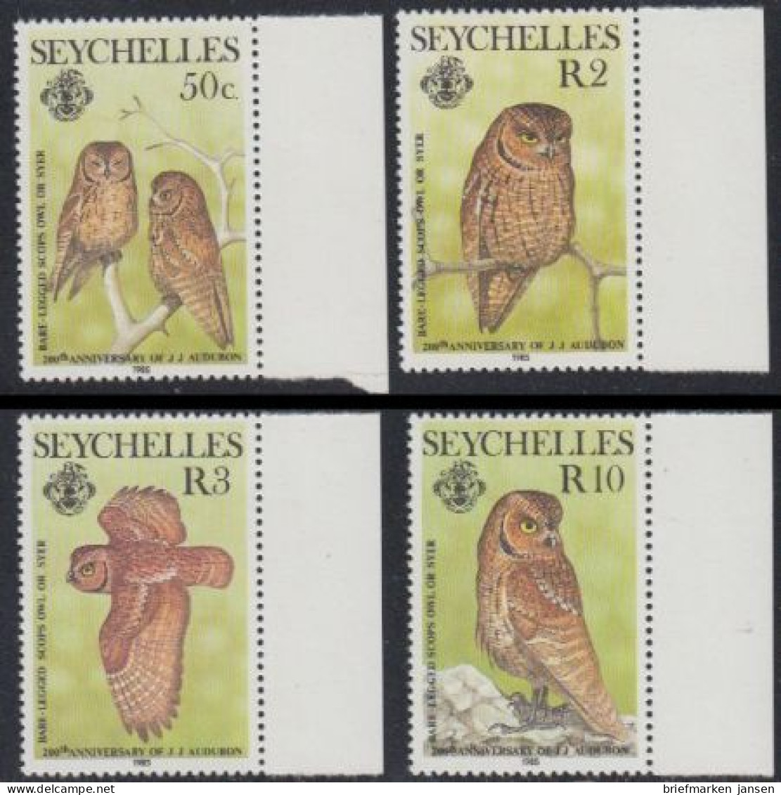 Seychellen Mi.Nr. 575-78 200.Geb. John James Audubon, Eulen (4 Werte) - Seychelles (1976-...)