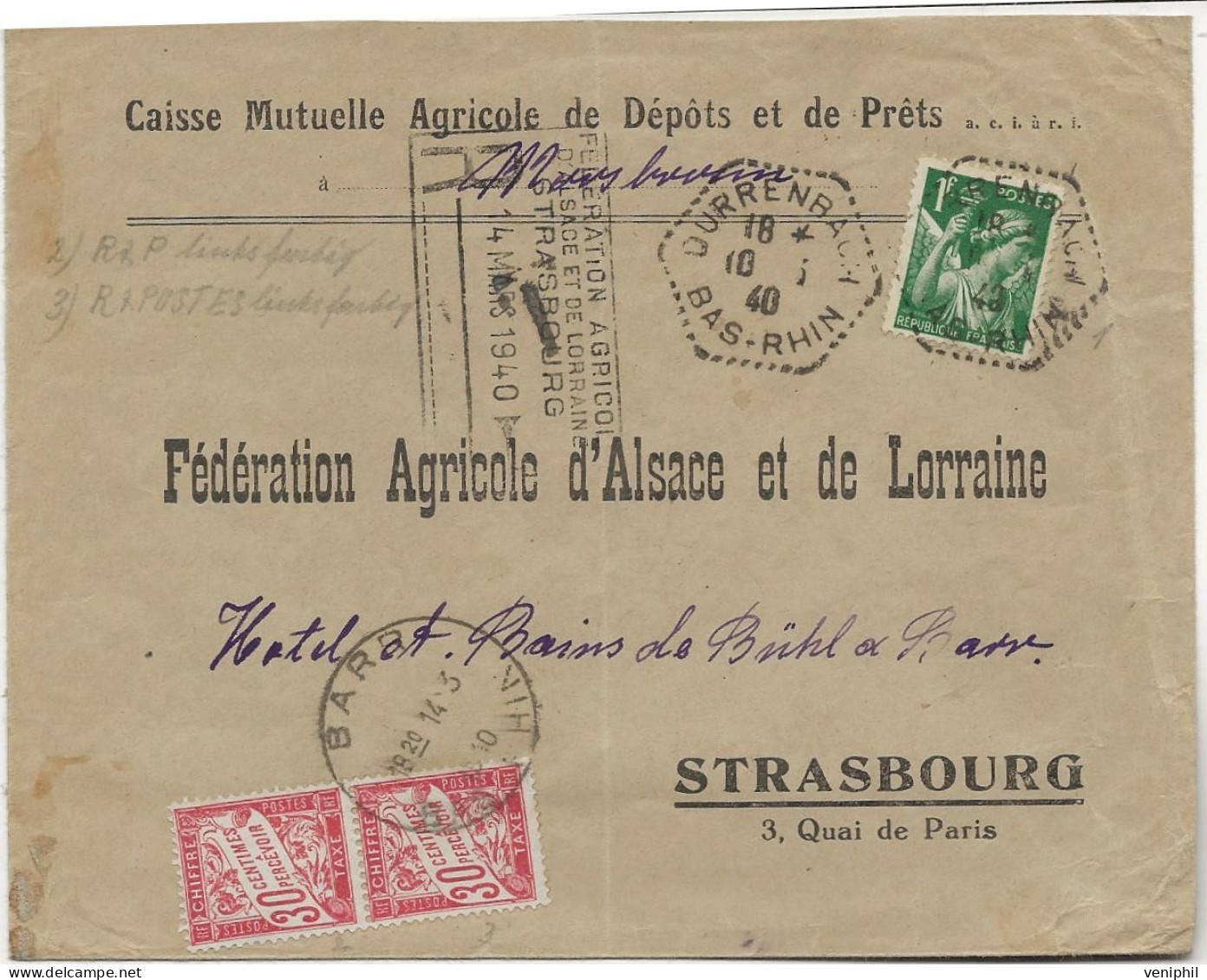 LETTRE TAXEE AFFRANCHIE N° 432 OBLITEREE CACHET OCTOGONAL POINTILLE -DURRENBACH- BAS-RHIN 1940  + TAXE N° 33 X2 - Mechanical Postmarks (Other)