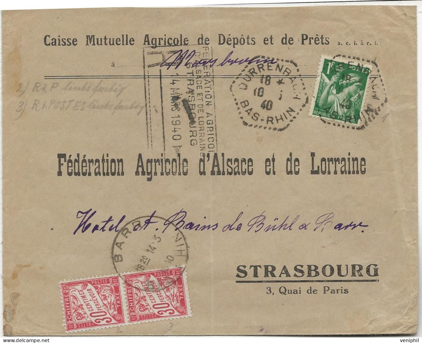 LETTRE TAXEE AFFRANCHIE N° 432 OBLITEREE CACHET OCTOGONAL POINTILLE -DURRENBACH- BAS-RHIN 1940  + TAXE N° 33 X2 - Oblitérations Mécaniques (Autres)