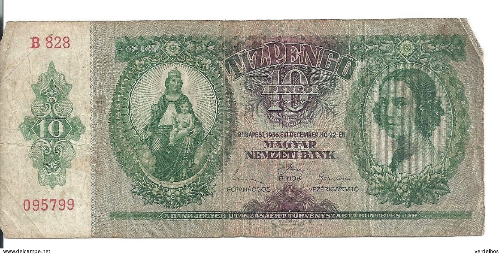 HONGRIE 10 PENGO 1936 VG+ P 100 - Hungary