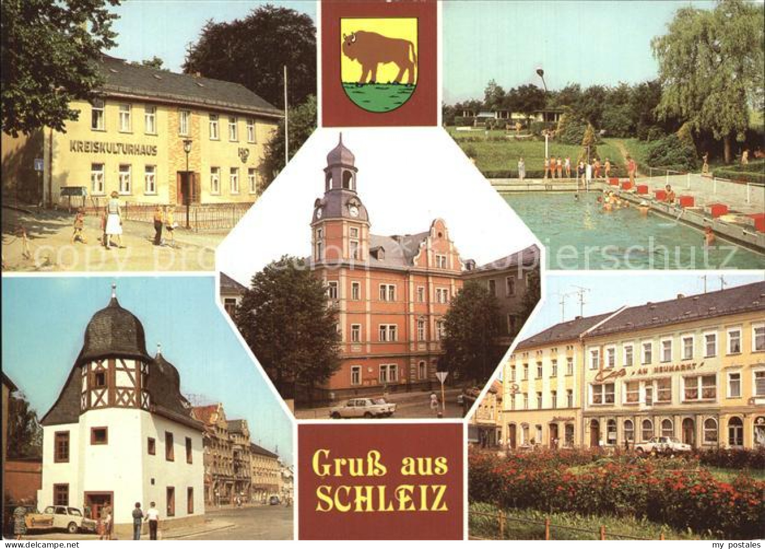 72413930 Schleiz Kreiskulturhaus Rathaus Schwimmbad Historische Muenze Neumarkt  - Schleiz