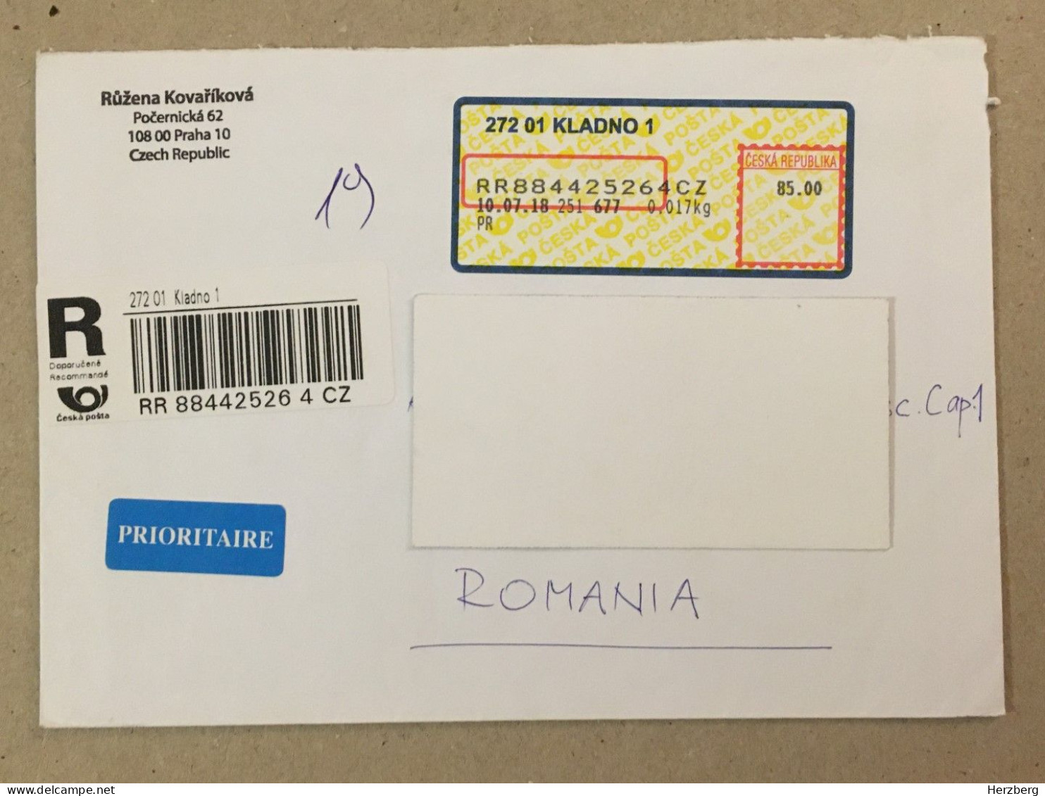 Ceska Republika Ceska Posta Used Letter Stamp Circulated Cover Registered Barcode Label Printed Sticker Praha 2018 - Altri & Non Classificati