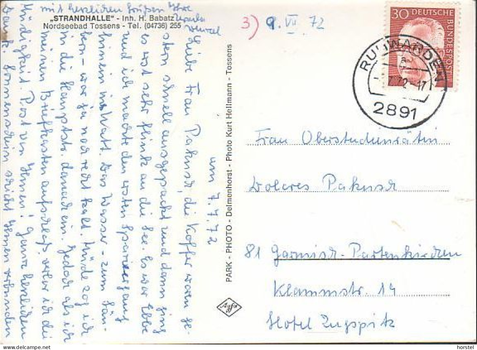 D-26969 Butjadingen - Nordseebad Tossens - "Strandhalle" - Stamp 1972 - Bremervörde