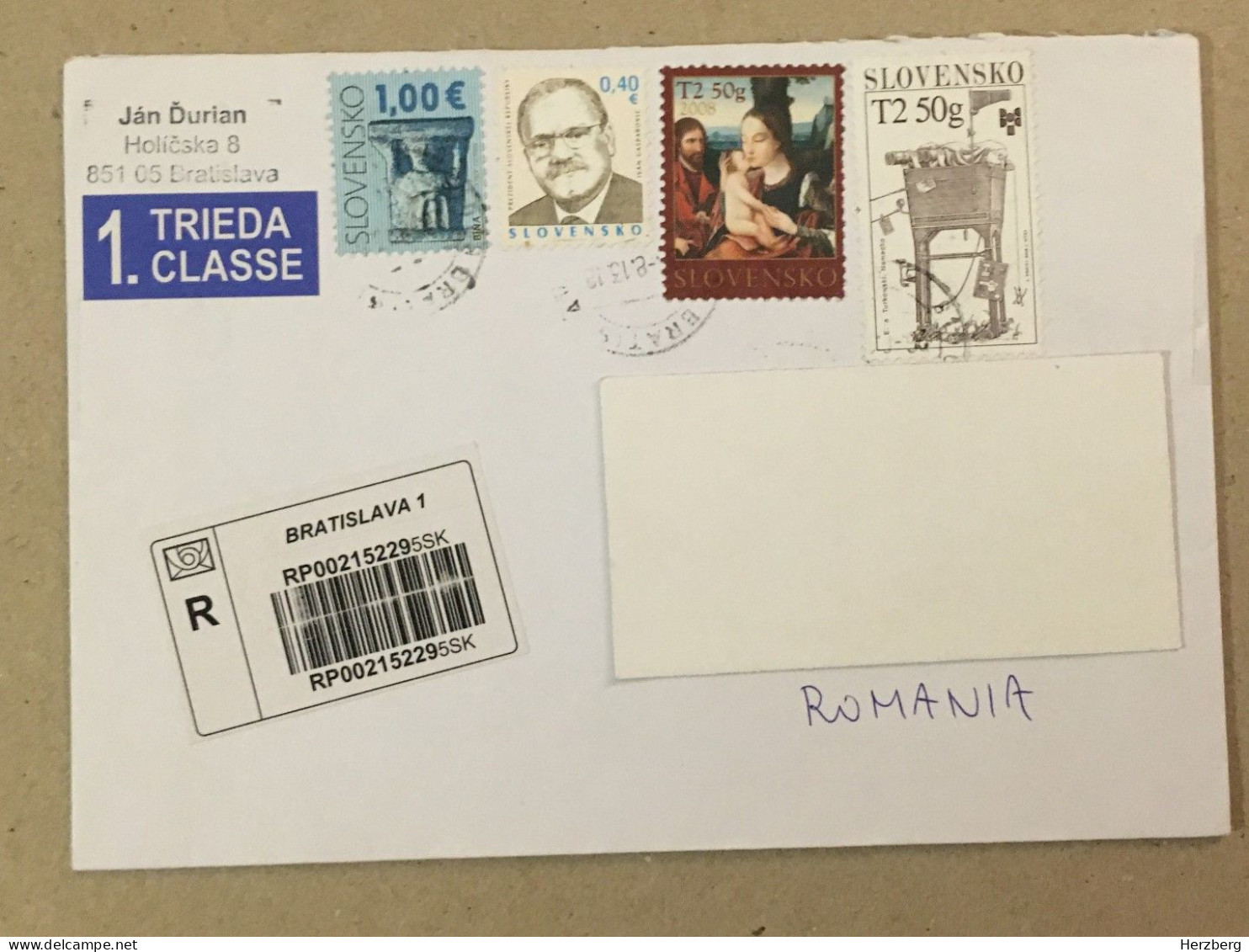 Slovakia Used Letter Stamp Circulated Cover Registered Barcode Label Printed Sticker Madonna Ivan Gasparovic 2013 - Cartas & Documentos