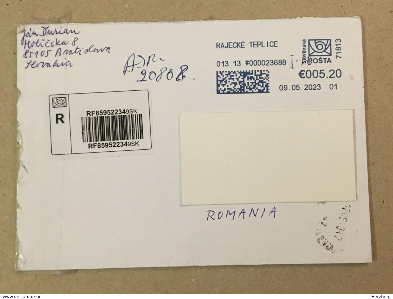 Slovakia Slovensko Used Letter Stamp Circulated Cover Registered Barcode Label Printed Sticker 2023 - Covers & Documents