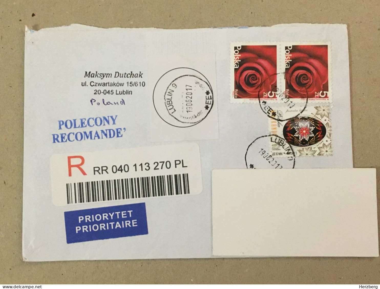 Poland Polska Used Letter Stamp Circulated Cover Rose Registered Barcode Label Printed Sticker Stamp 2020 - Otros & Sin Clasificación