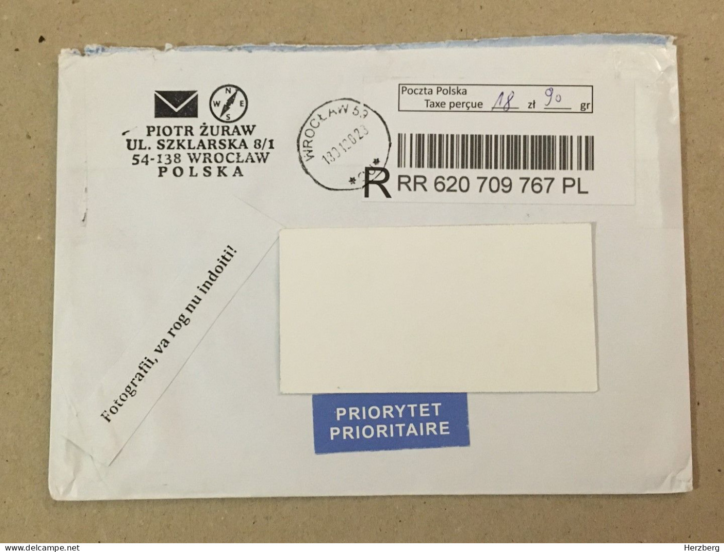Poland Polska Used Letter Stamp Circulated Cover Registered Barcode Label Printed Sticker Stamp 2023 - Altri & Non Classificati