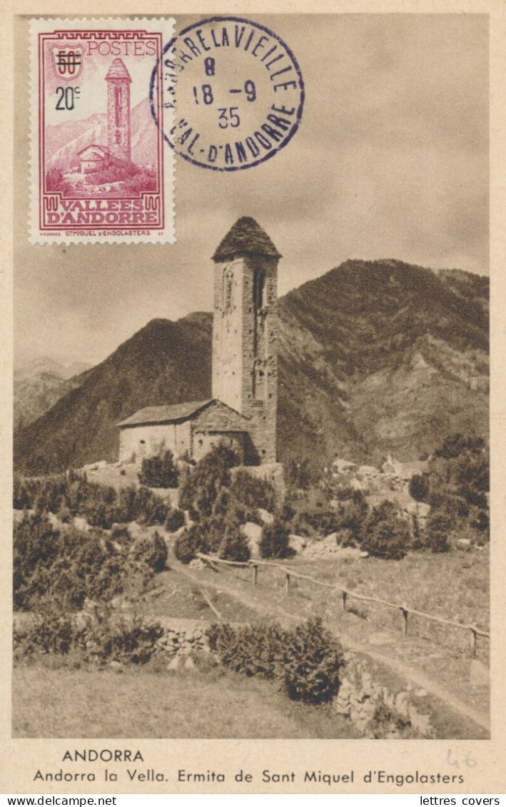 1935 ANDORRE Carte Maximum N° 46 20c/50c Ermita St Miguel D'Engolasters Obl 18/9/35  - Andorra Maxi Card PC - Cartes-Maximum (CM)