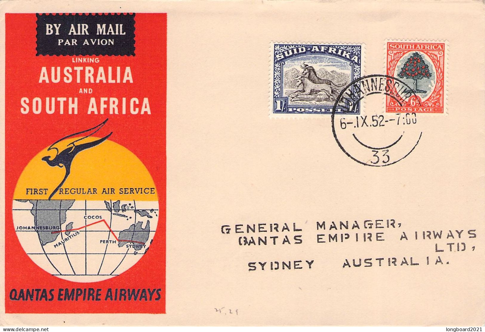 SOUTH AFRICA - FIRST FLIGHT 1952 QUANTAS AUSTRALIA - SOUTH AFRICA / 5236 - Poste Aérienne