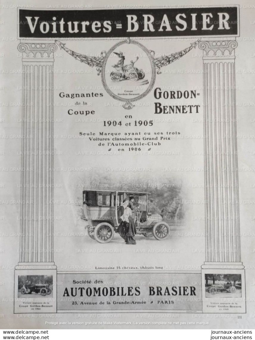 1907 PUBLICITÉ - VOITURES BRASIER VAINQUEUR DE LA COUPE GORDON BENNETT - LA VIE AU GRAND AIR - Libri