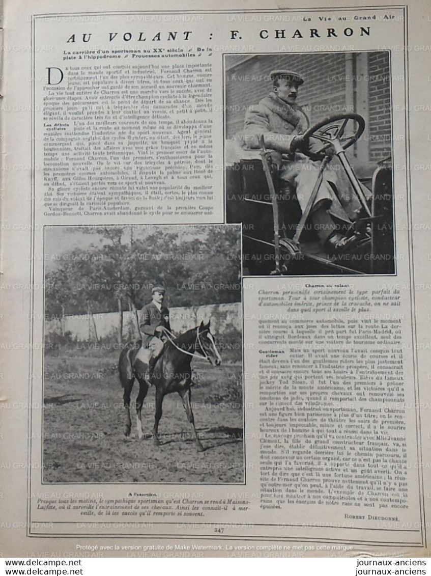 1907 VOITURE 30 H.P De C.G.V ( CHARRON - GIRARDOT - VOIGT ) - Voiture De " LA VIE AU GRAND AIR " Dans PARIS = ROUBAIX - Livres