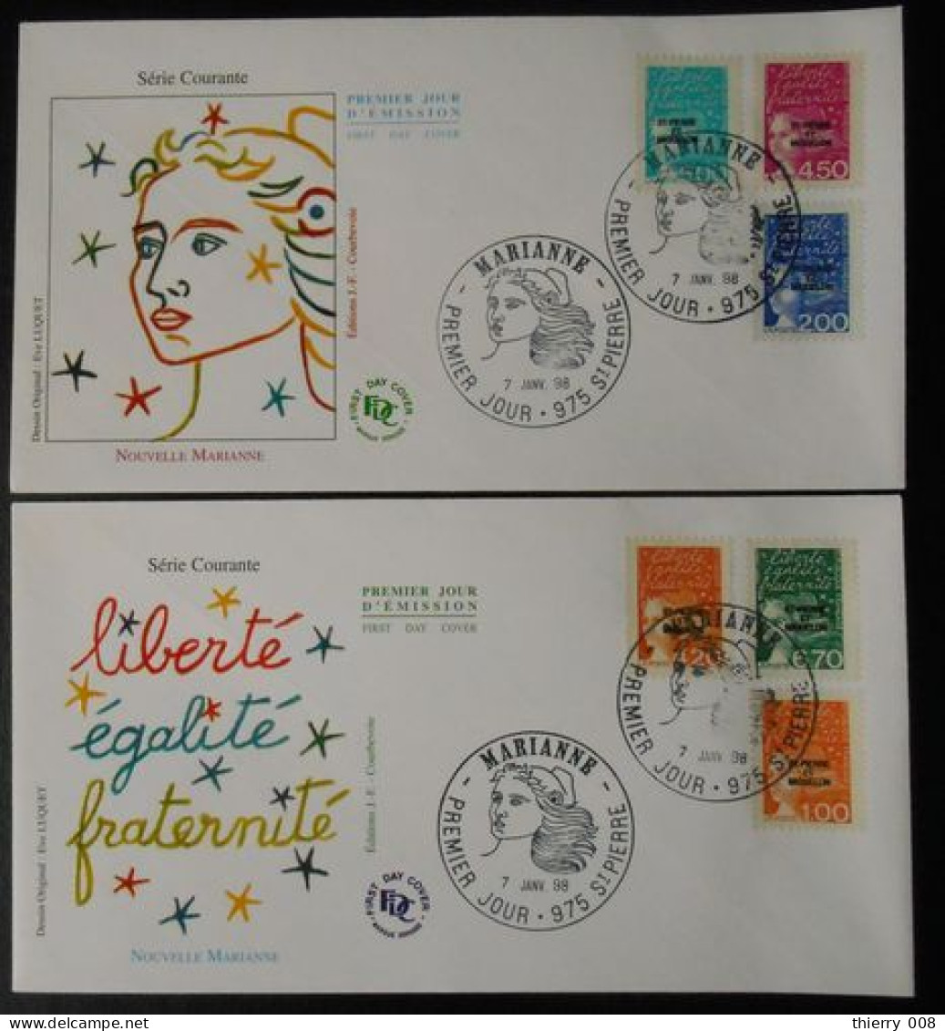 Lot De 2 Enveloppes Premier Jour Marianne Du 14 Juillet Luquet Surchargée St Pierre Et Miquelon  Saint Pierre 7 Janv 98 - Used Stamps