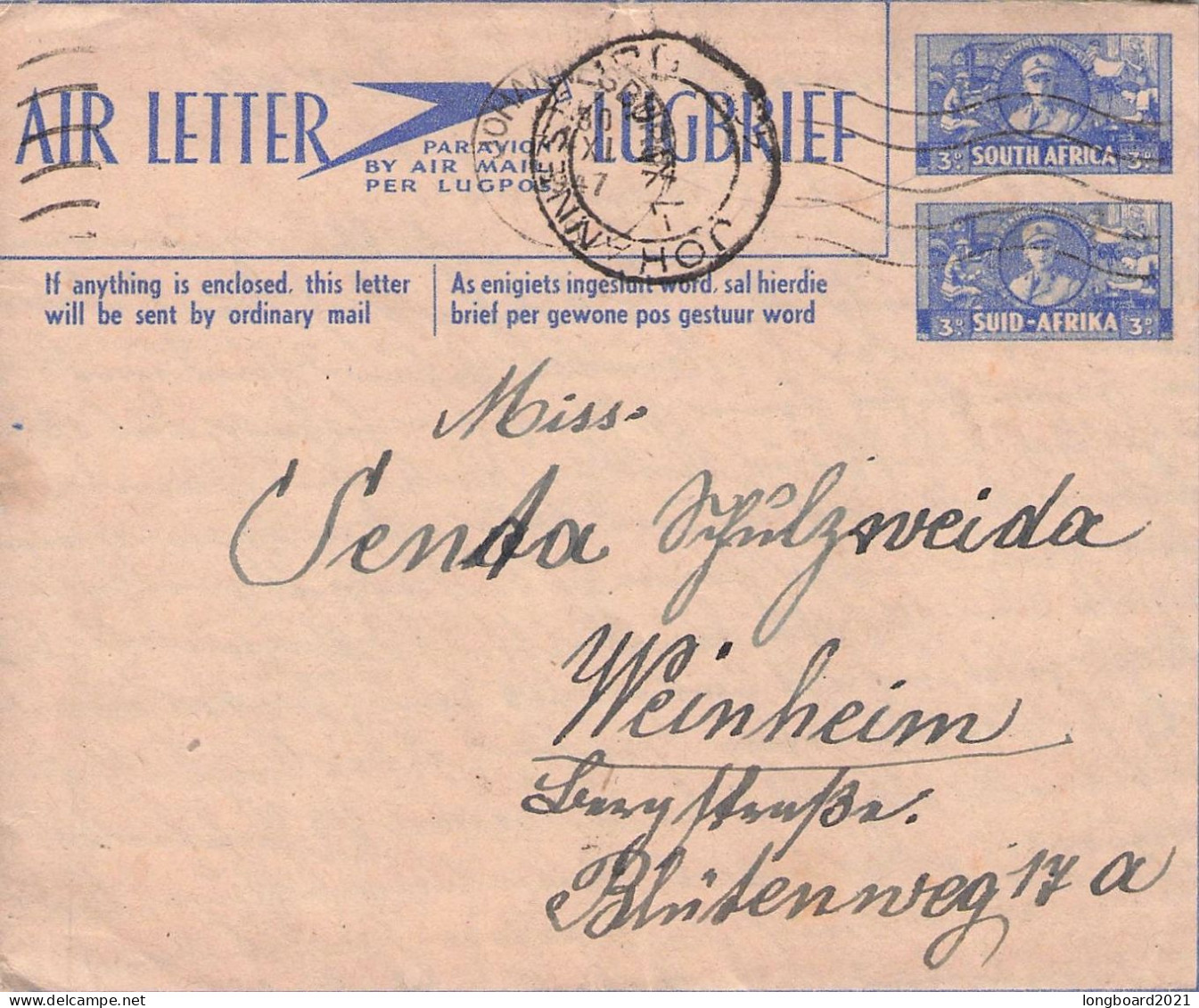 SOUTH AFRICA - AIRLETTER 1947 - WEINHEIM/DE / 5240 - Luchtpost