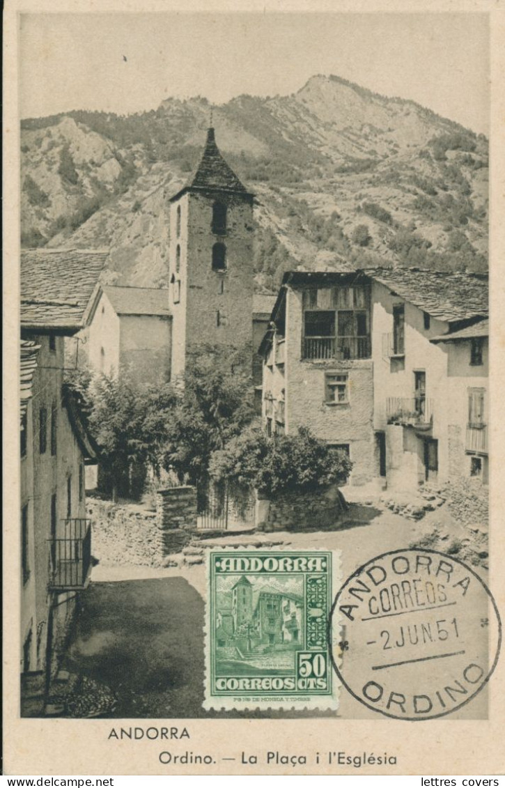 1951 ANDORRA Maxi Card N° 46 50cts La Plaça I L'Església  - Andorre Carte Maximum - Briefe U. Dokumente