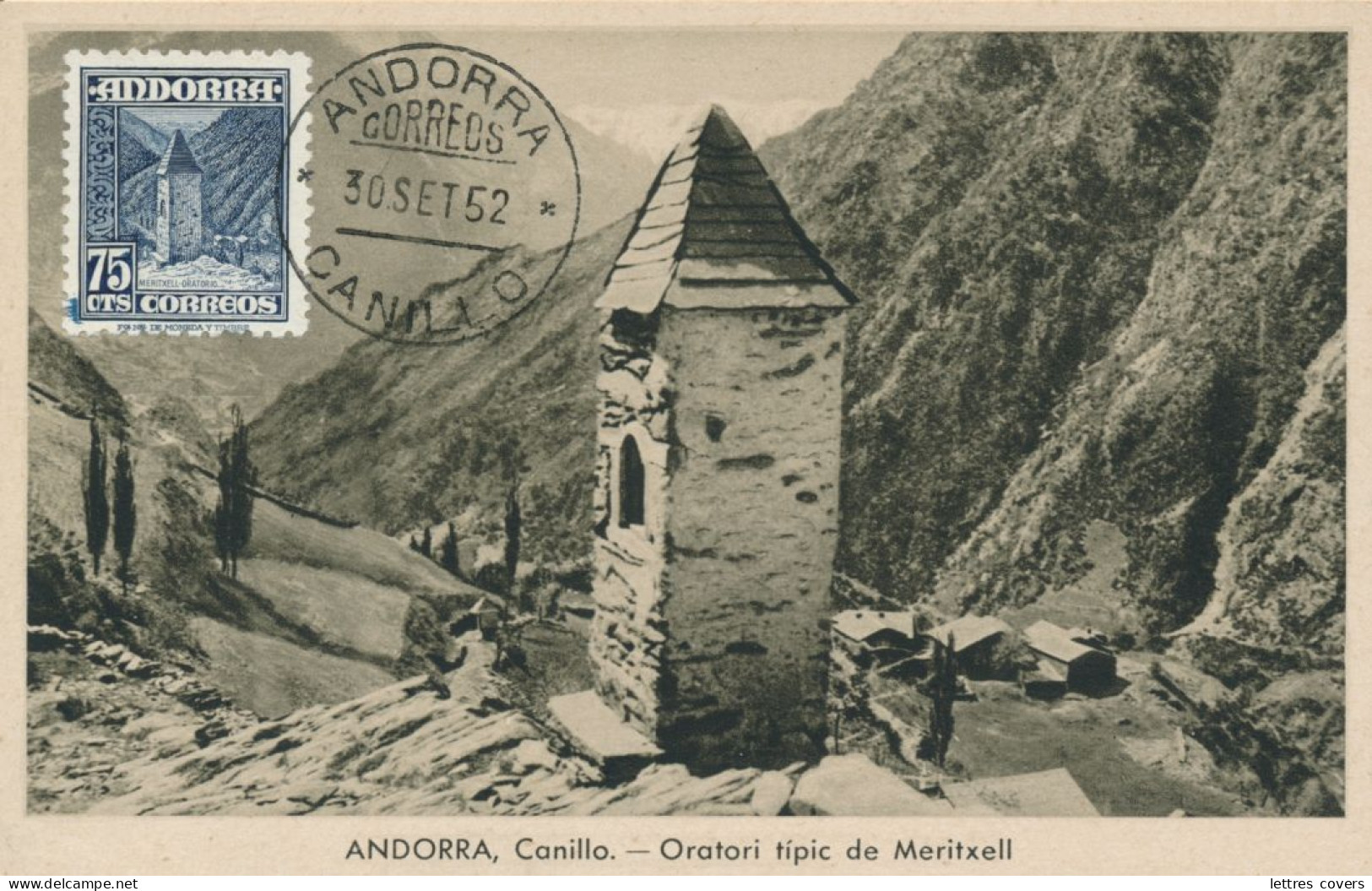 1951 ANDORRA Maxi Card N° 47 75cts Oratori Tipic De Meritxell  - Andorre Carte Maximum - Storia Postale