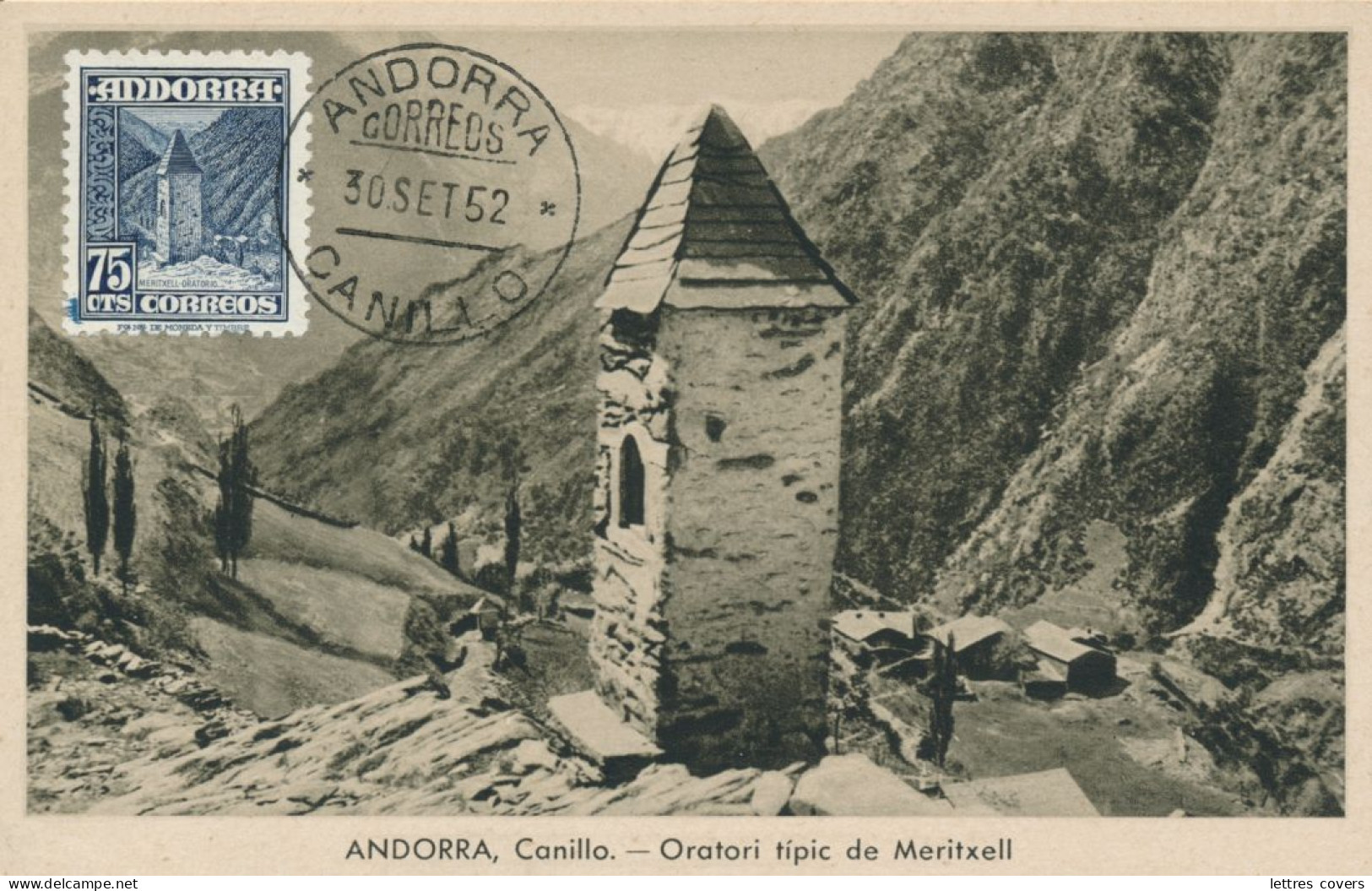1951 ANDORRA Maxi Card N° 47 75cts Oratori Tipic De Meritxell  - Andorre Carte Maximum - Lettres & Documents