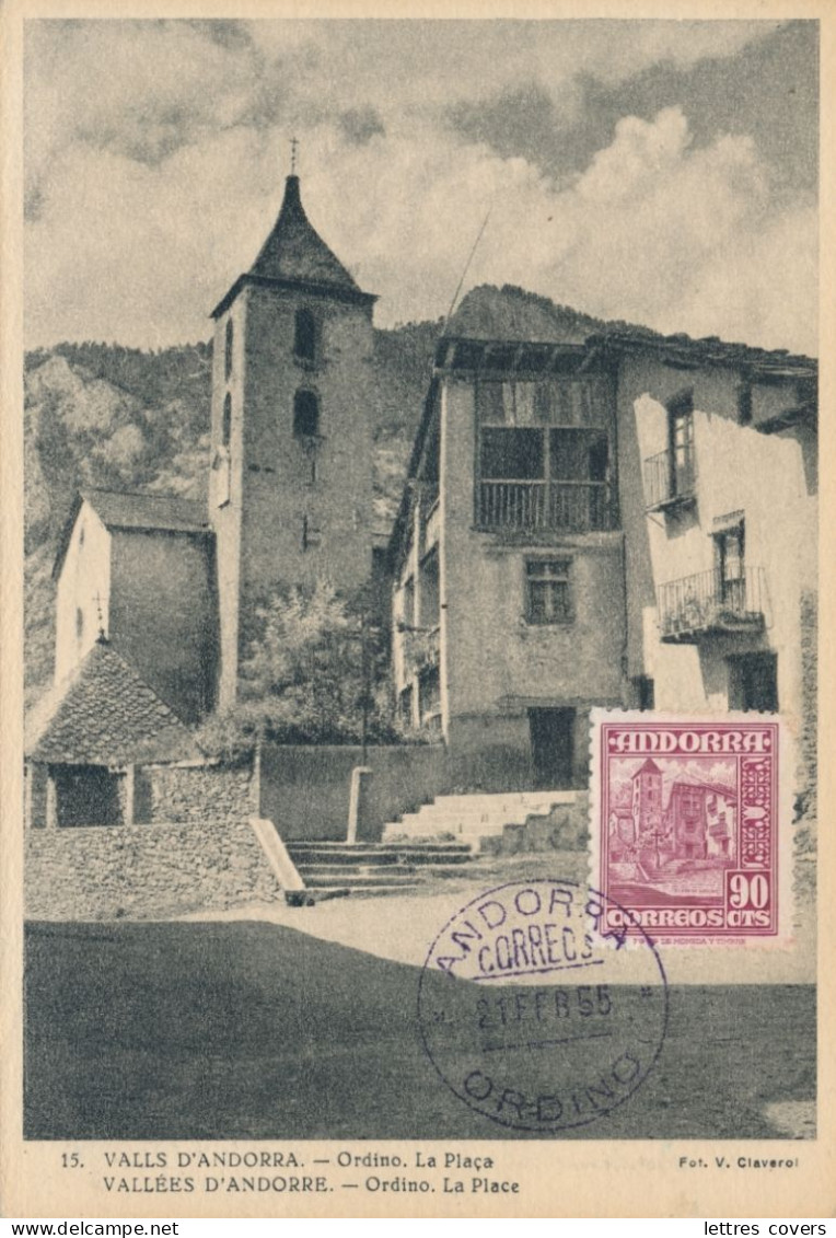 1955 ANDORRA Maxi Card N° 48 90cts Ordino La Plaça  - Andorre Carte Maximum - Briefe U. Dokumente