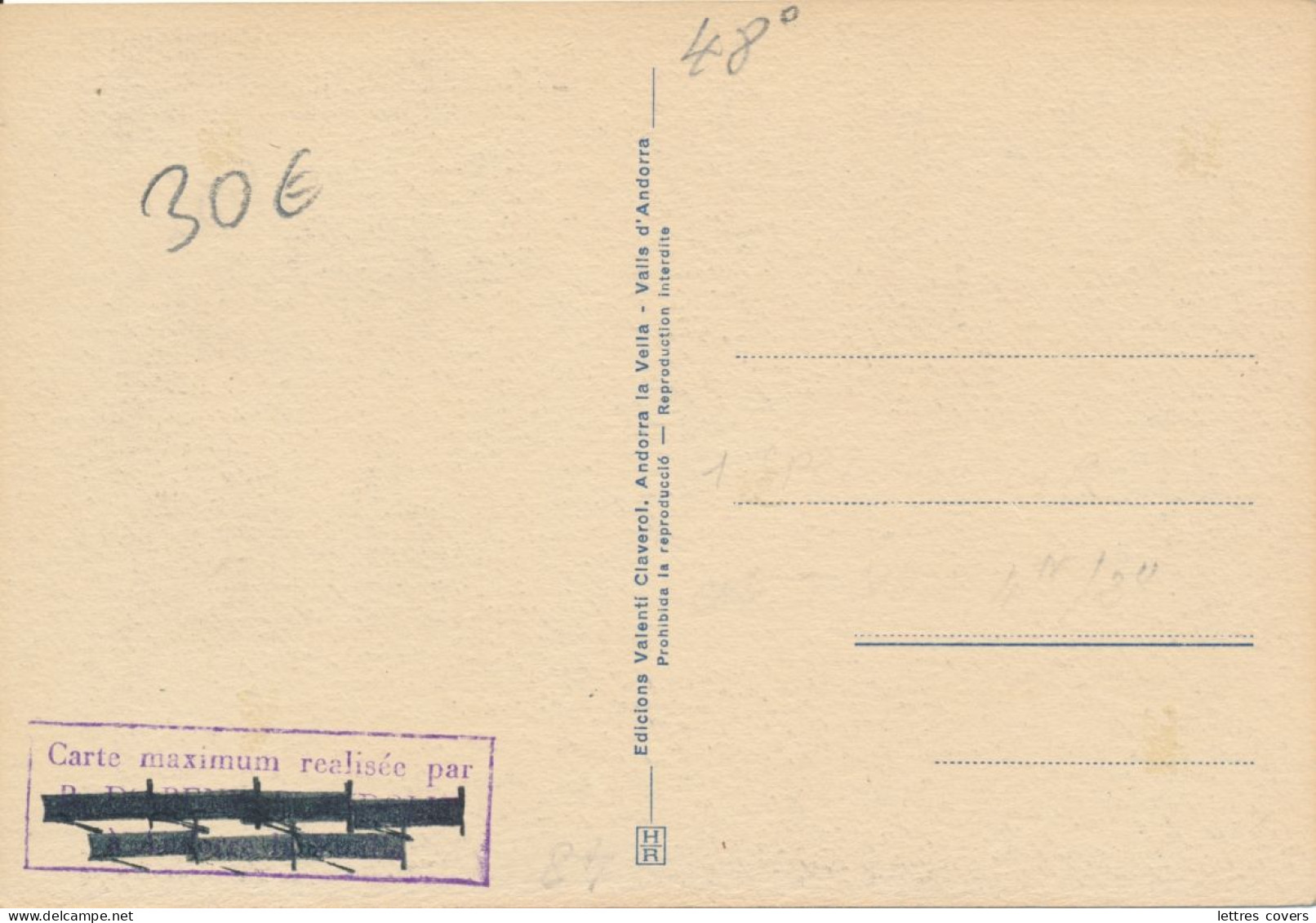 1955 ANDORRA Maxi Card N° 48 90cts Ordino La Plaça  - Andorre Carte Maximum - Brieven En Documenten