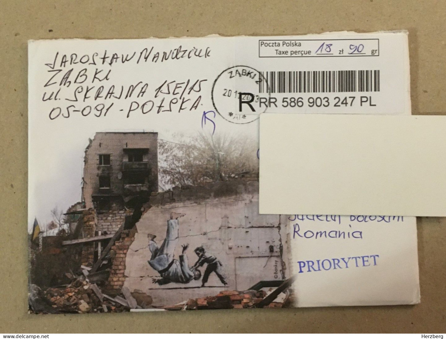 Poland Polska Used Letter Stamp Cover Registered Barcode Label Printed Sticker Stamp Banksy Artist Ukraine FDC 2023 - Storia Postale