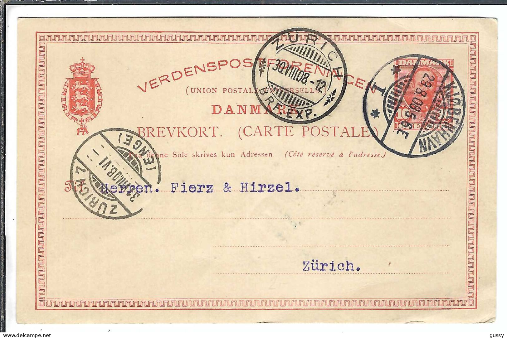 DANEMARK Ca.1908: CP Entier De 10 Ore De Copenhague Pour Zürich (Suisse) - Enteros Postales