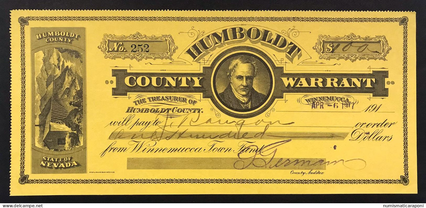 USa U.s.a. State Of Nevada Humboldt Winnemucca County Warrant LOTTO 625 - Billets Des États-Unis (1928-1953)