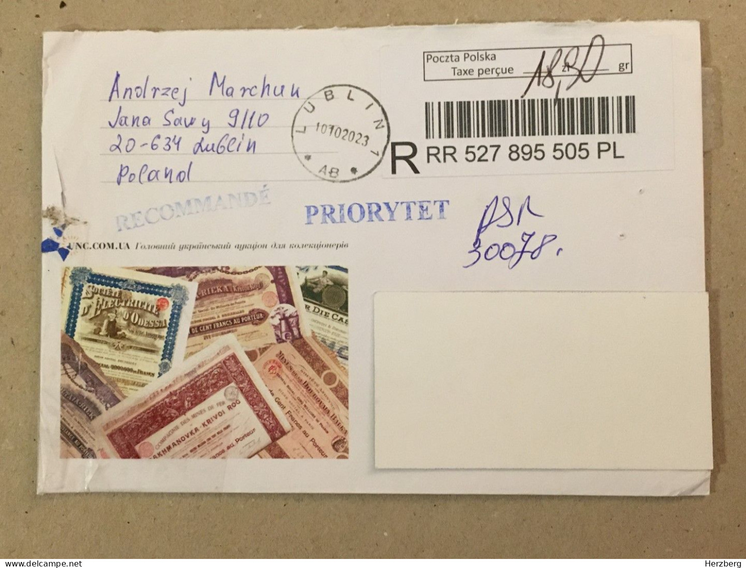 Poland Polska Used Letter Stamp Cover Registered Barcode Label Printed Sticker Stamp Ukraine Insurance Policy 2023 - Lettres & Documents