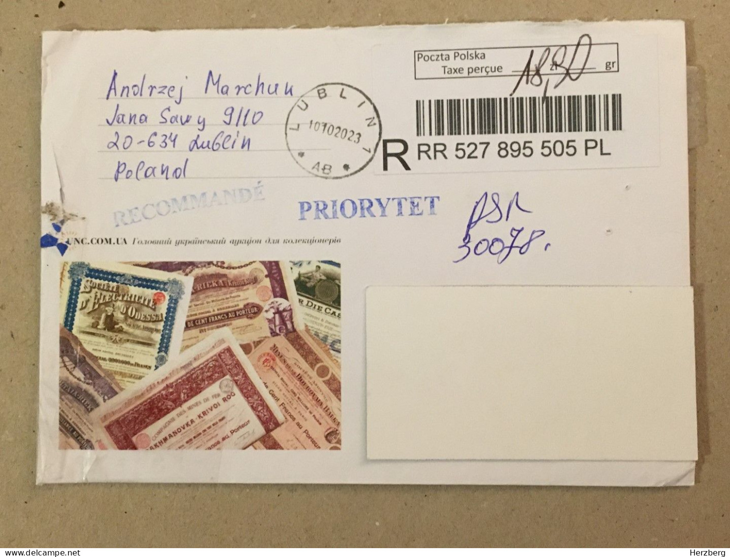 Poland Polska Used Letter Stamp Cover Registered Barcode Label Printed Sticker Stamp Ukraine Insurance Policy 2023 - Cartas & Documentos