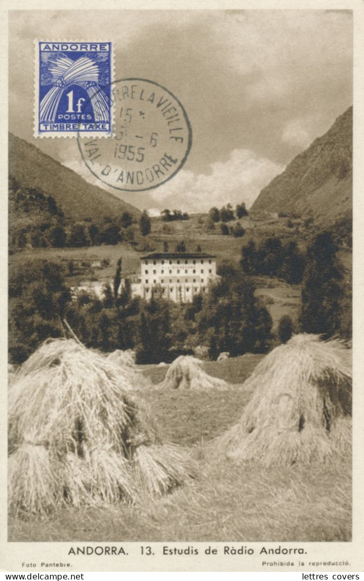 1955 ANDORRE Carte Maximum Taxe 1f Gerbes Estudis De Radio Andorra Val D'Andorre  - Andorra Maxi Card PC - Maximumkarten (MC)
