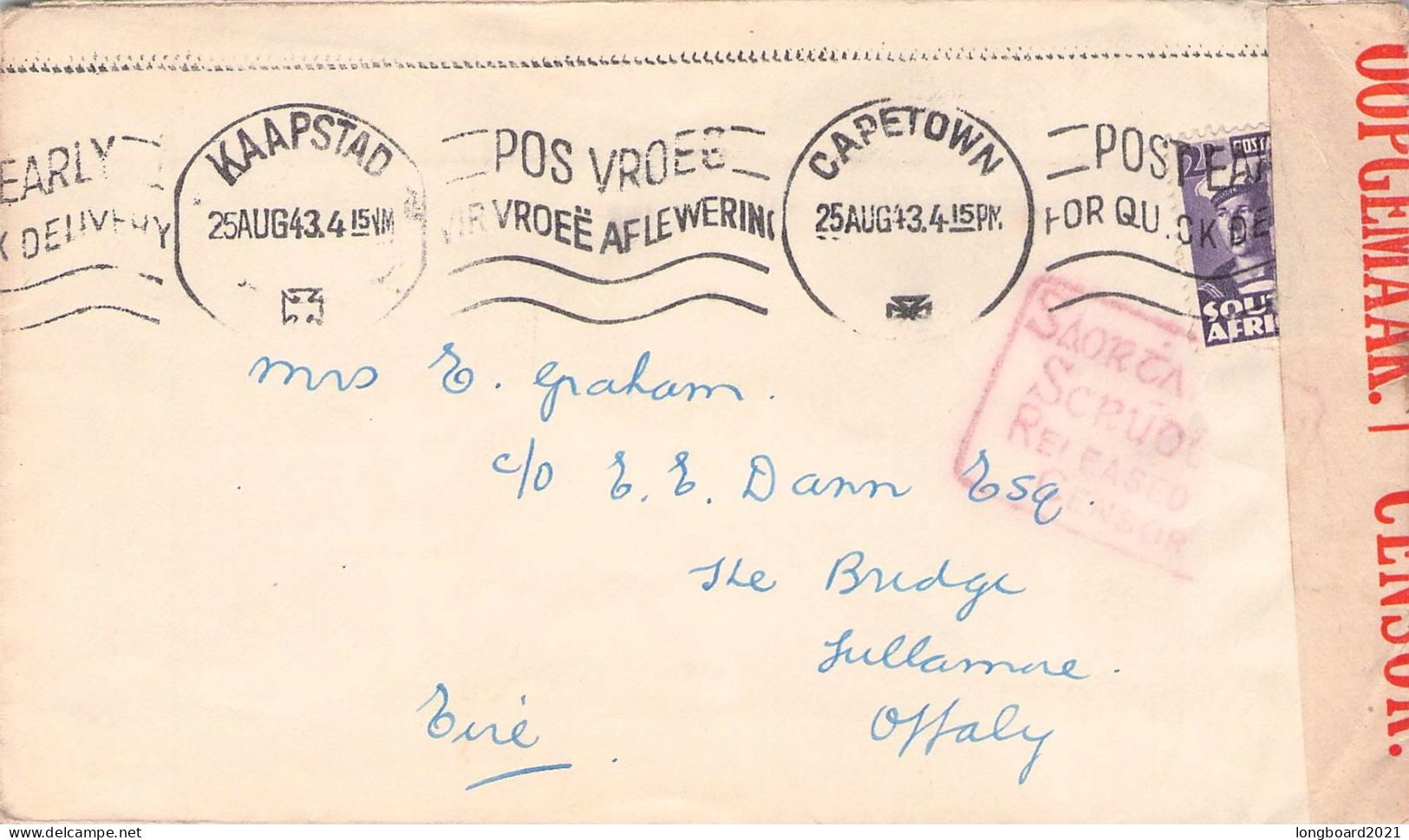 SOUTH AFRICA - LETTER 1943 CAPE TOWN - GB -CENSOR- / 5243 - Airmail