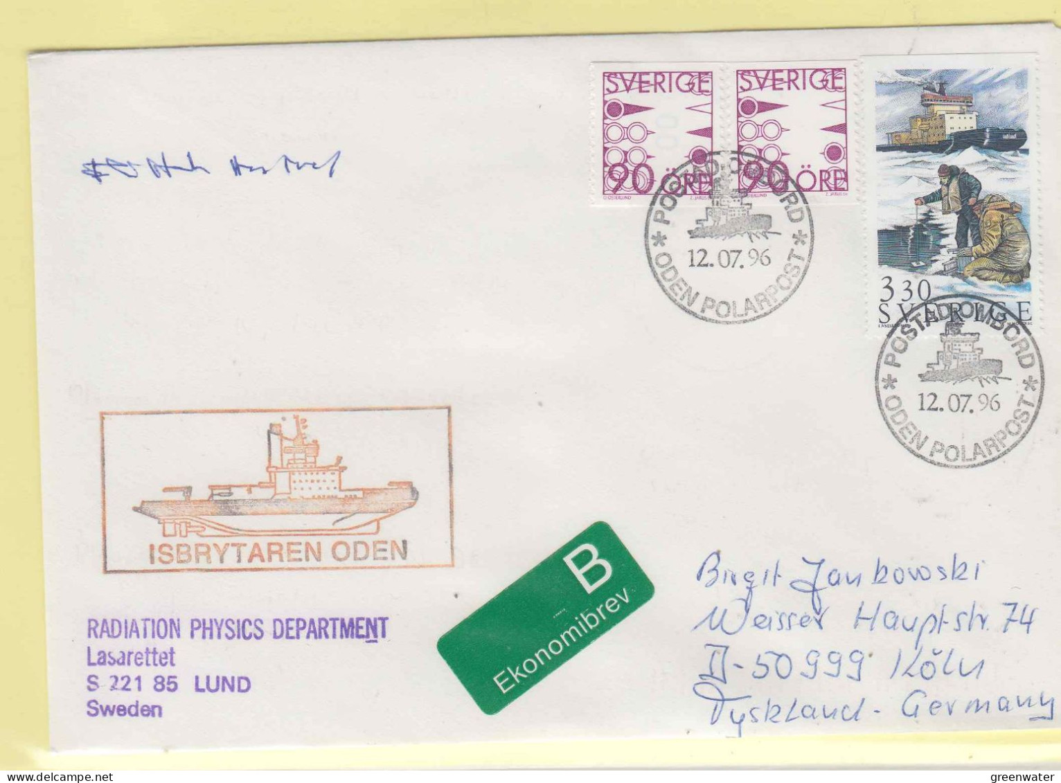 Sweden Isbrytaren Oden Ca Oden/Polarpost 12.07.1996 (JS153) - Expéditions Arctiques