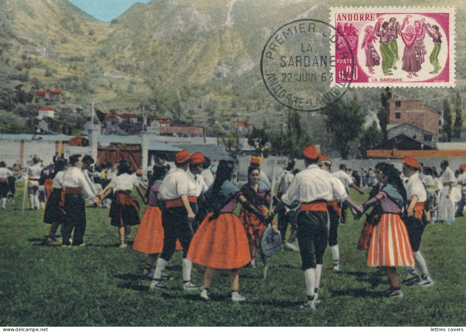 1963 ANDORRE Carte Maximum N°166 0.20 La Sardanne - Andorra Maxi Card PC - Maximumkarten (MC)