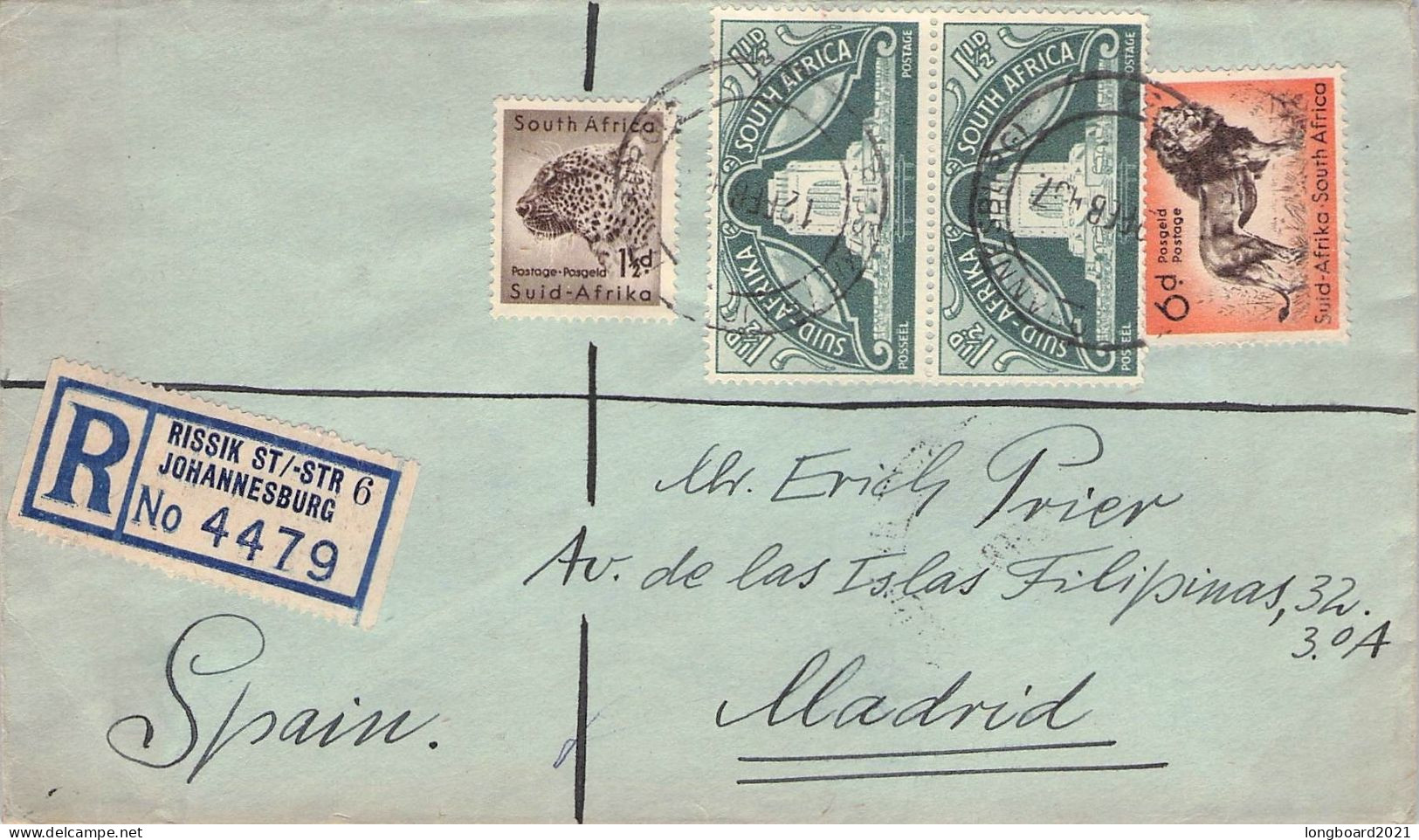 SOUTH AFRICA - REGISTERED MAIL 1957 JOHANNESBURG - MADRID / 5244 - Airmail