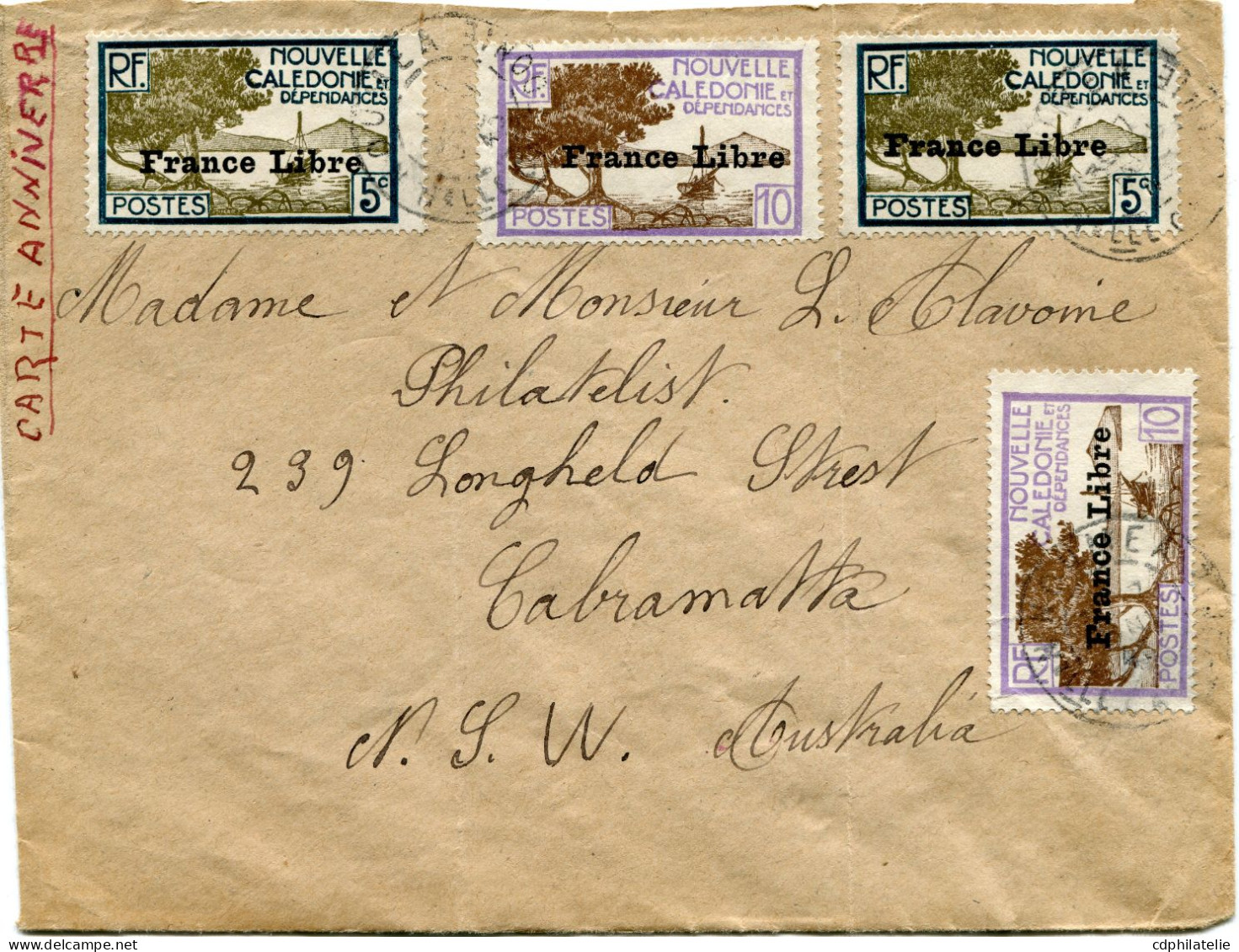 NOUVELLE-CALEDONIE FRANCE LIBRE LETTRE DEPART NOUMEA 30 V 43 Nelle CALEDONIE POUR L'AUSTRALIE - Covers & Documents