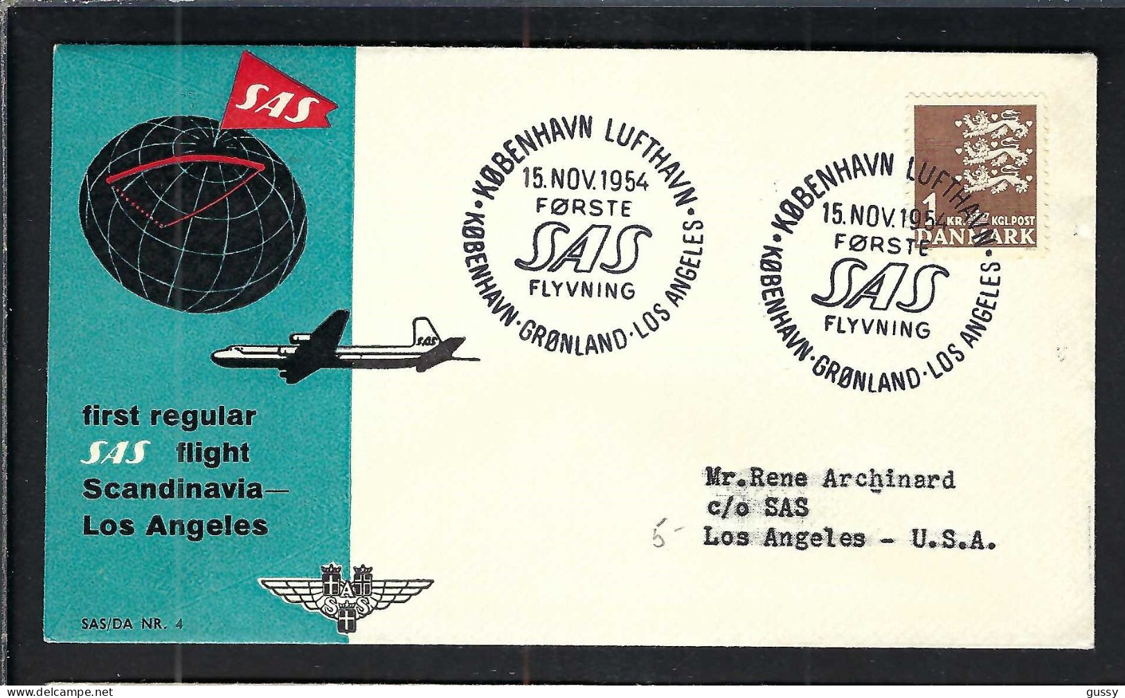 DANEMARK Ca.1954: LSC Ill. 1er Vol Régulier S.A.S. De Copenhague Pour Los Angeles (USA) - Poste Aérienne