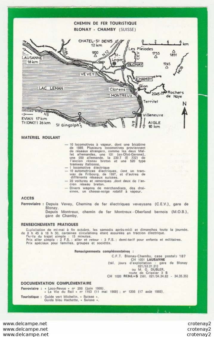 TRAIN Tramway Tram Suisse Vaud BLONAY CHAMBY Chemin De Fer Touristique Voie Métrique Fiche Descriptive Et Plan Au Dos - Europa