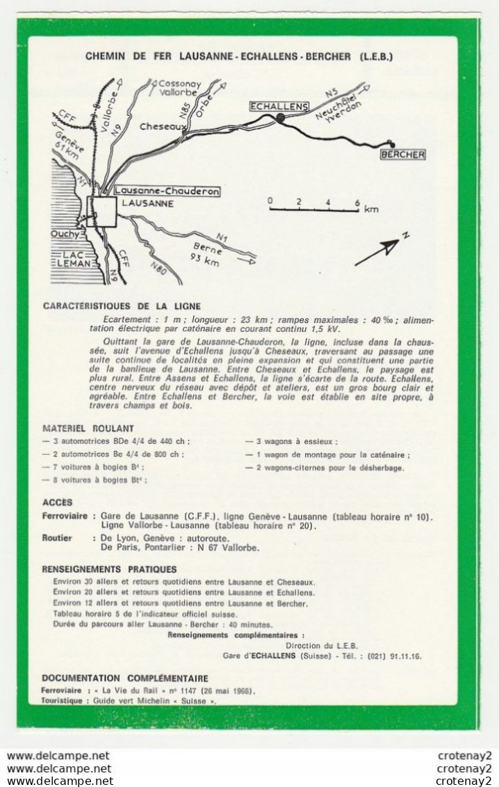 TRAIN Tramway Tram Suisse Chemins De Fer Lausanne Echallens Bercher LEB Voie Métrique Fiche Descriptive & Plan Au Dos - Europe