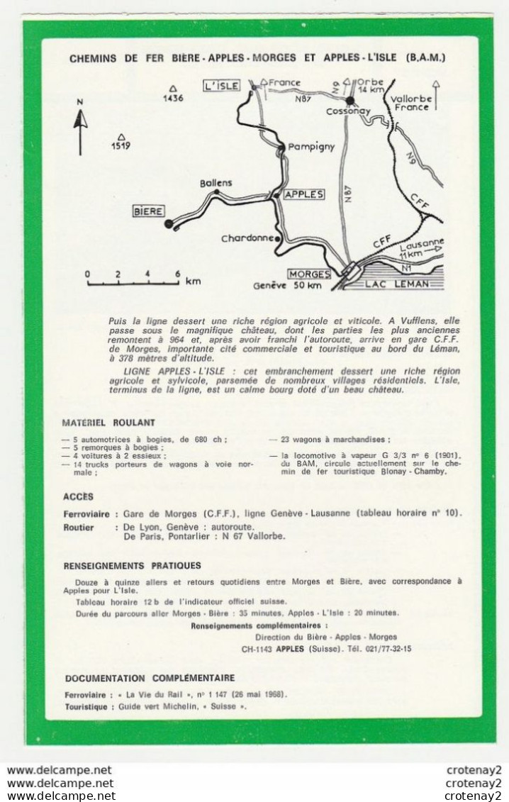 TRAIN Tramway Tram Suisse Chemins De Fer Bière Apples MORGES Apples L'Isle Voie Métrique Fiche Descriptive & Plan Au Dos - Europe