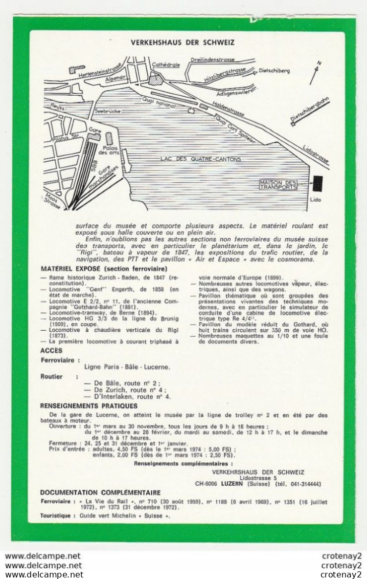 TRAIN Tramway Tram Suisse LUCERNE Verkehrshaus Der Schweiz Musée MUS 2 Loco Vapeur Fiche Descriptive & Plan Au Dos - Europa