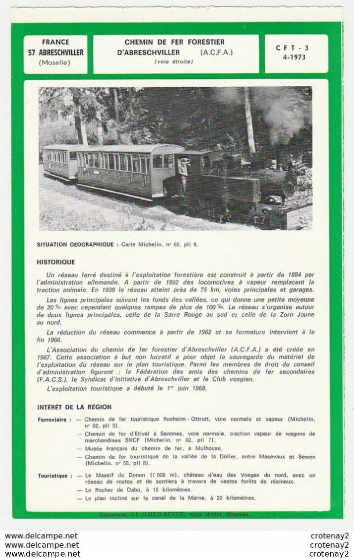 TRAIN Tramway Tram Ligne ABRESCHWILLER Chemin De Fer Forestier ACFA Voie étroite Fiche Descriptive & Plan Au Dos - Europa