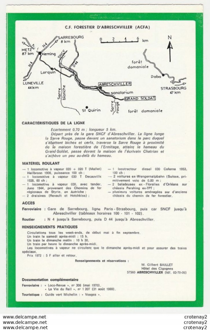 TRAIN Tramway Tram Ligne ABRESCHWILLER Chemin De Fer Forestier ACFA Voie étroite Fiche Descriptive & Plan Au Dos - Europe