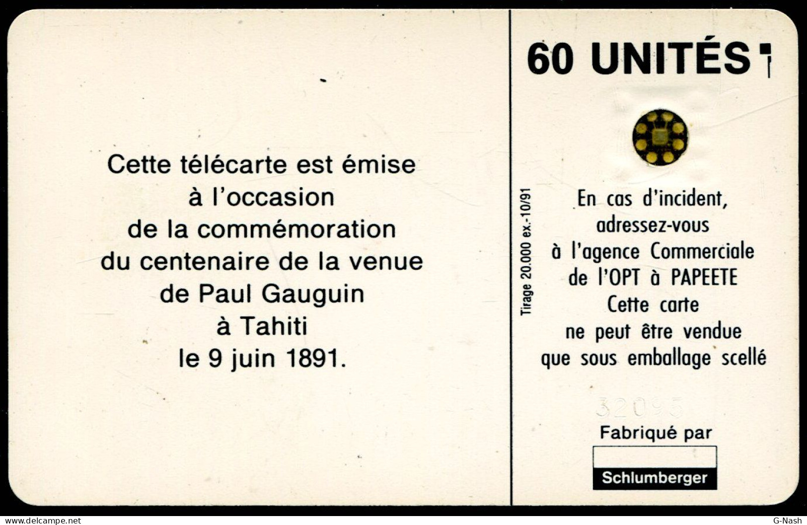 Polynésie Française - PF5Aa - 60u 10/91 SC4an D6 - Gauguin Les Oranges - N° Embouti - Frans-Polynesië