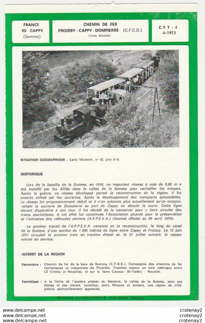 TRAIN Tramway Tram Ligne CAPPY Chemin De Fer Froissy Cappy Dompierre CFCD Voie étroite Fiche Descriptive & Plan Au Dos - Europa