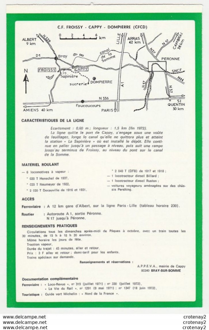 TRAIN Tramway Tram Ligne CAPPY Chemin De Fer Froissy Cappy Dompierre CFCD Voie étroite Fiche Descriptive & Plan Au Dos - Europa