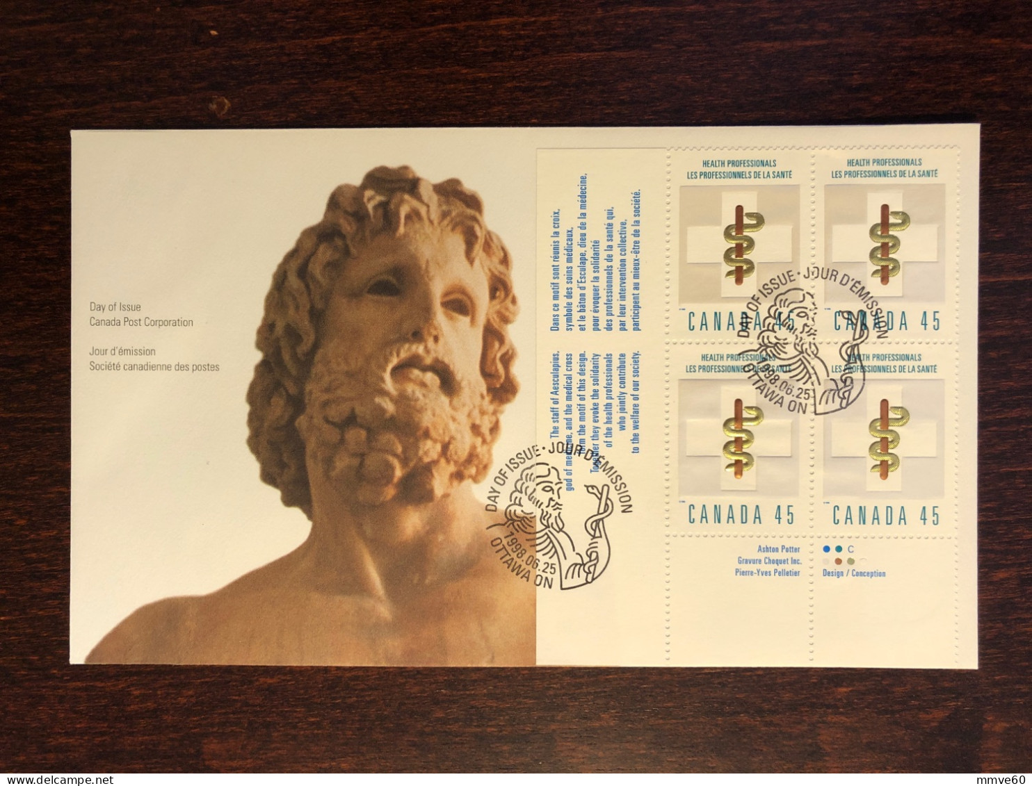 CANADA FDC COVER 1998 YEAR ESCULAPE HEALTH MEDICINE STAMPS - Covers & Documents