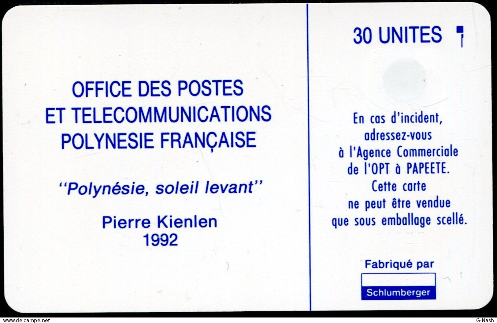 Polynésie Française - PF12A - 30u 03/93 SC5 - Soleil Levant Recto Mat / Verso Bleu - Polinesia Francesa